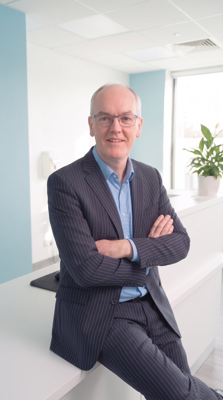 Carl Fox, founder of Denmarketing, at the front desk of a dental practice