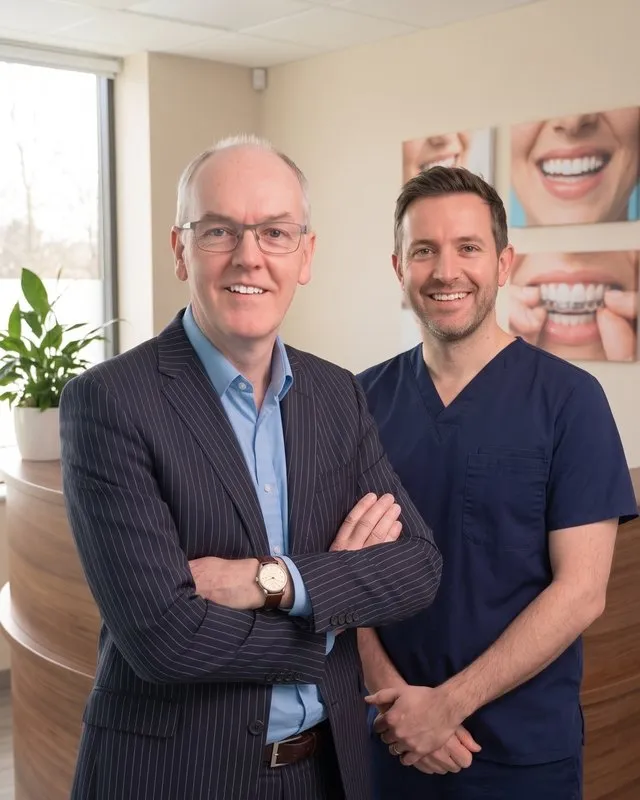 Carl Fox with a dentist in a UK dental practice reception