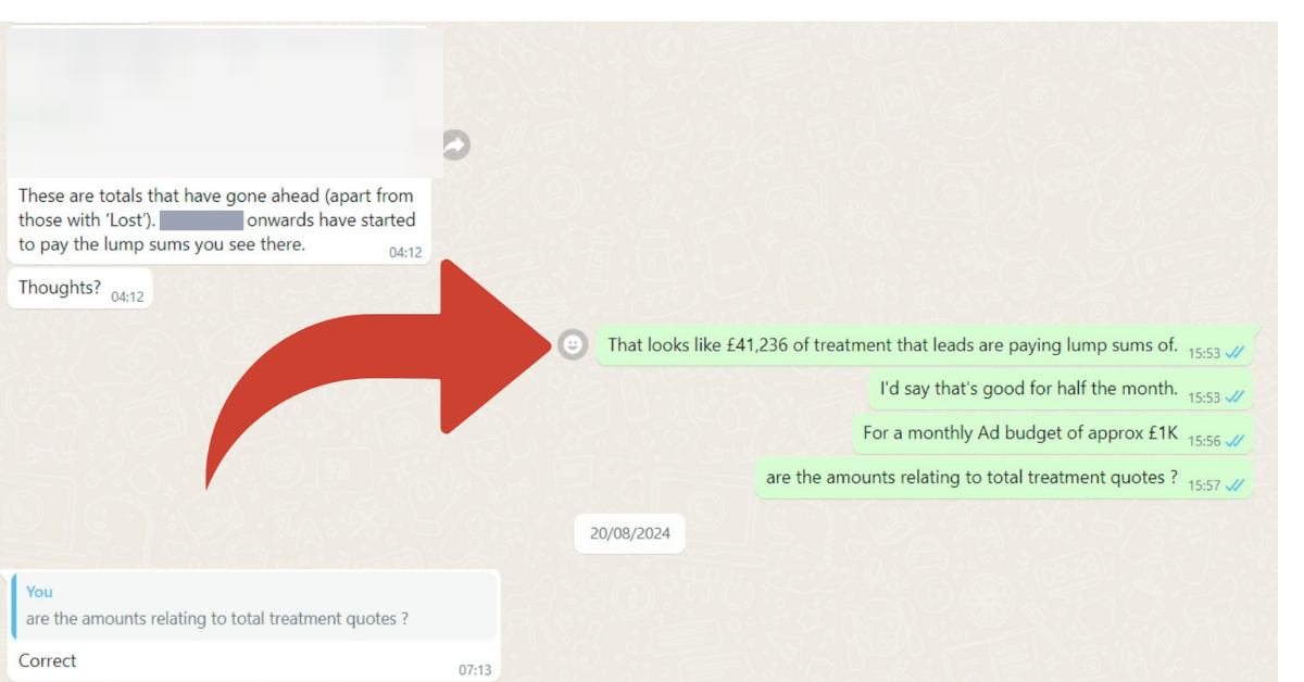 WhatsApp chat with a UK dental practice owner confirming £41,236 of implant treatment quotes have gone ahead, with lump sums starting to be paid